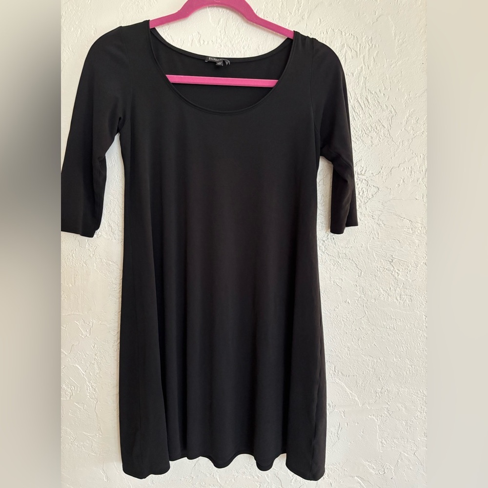 Eileen Fisher Black‎ 100% Silk Scoop Neck 3/4 Sleeve Swing Dress XS